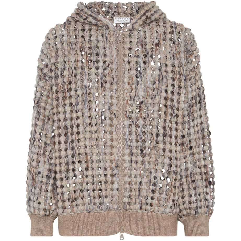 Brunello Cucinelli Black Net-Embroidered Zip-Up Hoodie