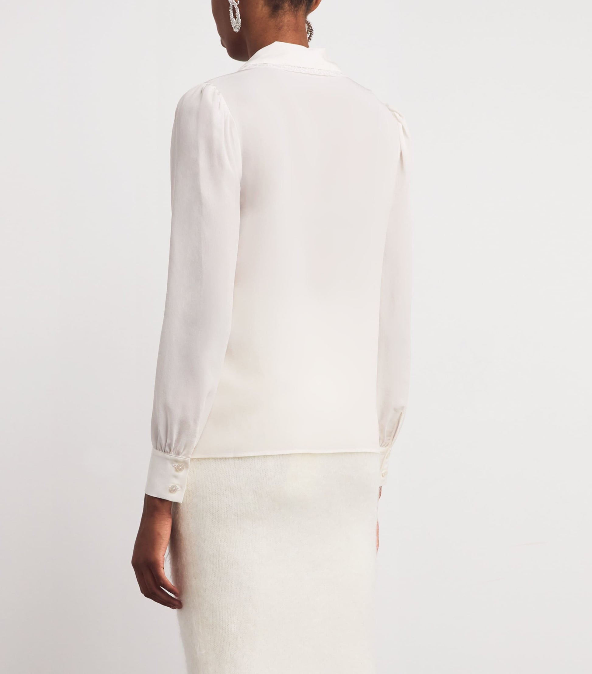 White Silk Lace-Trim Blouse