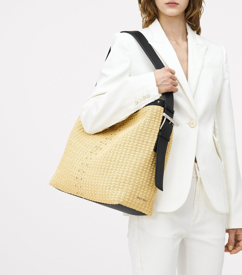 McQueen Nude Woven T-Bar Sling Bucket Bag
