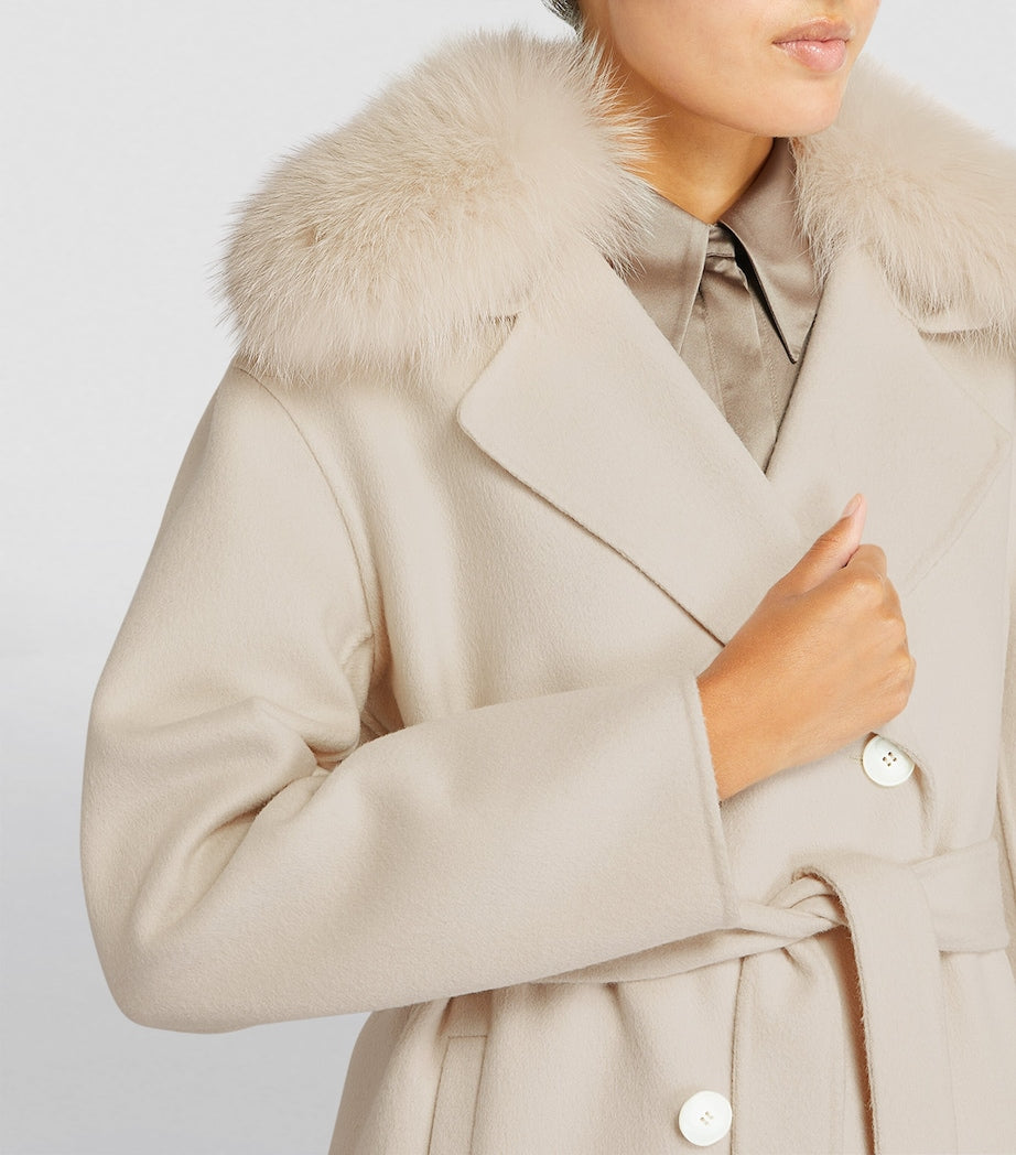 Yves Salomon Beige Wool-Cashmere Fur-Trim Pea Coat