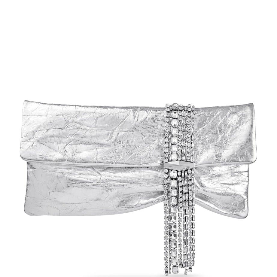 Jimmy Choo Silver Leather-Crystal Zandra Clutch Bag