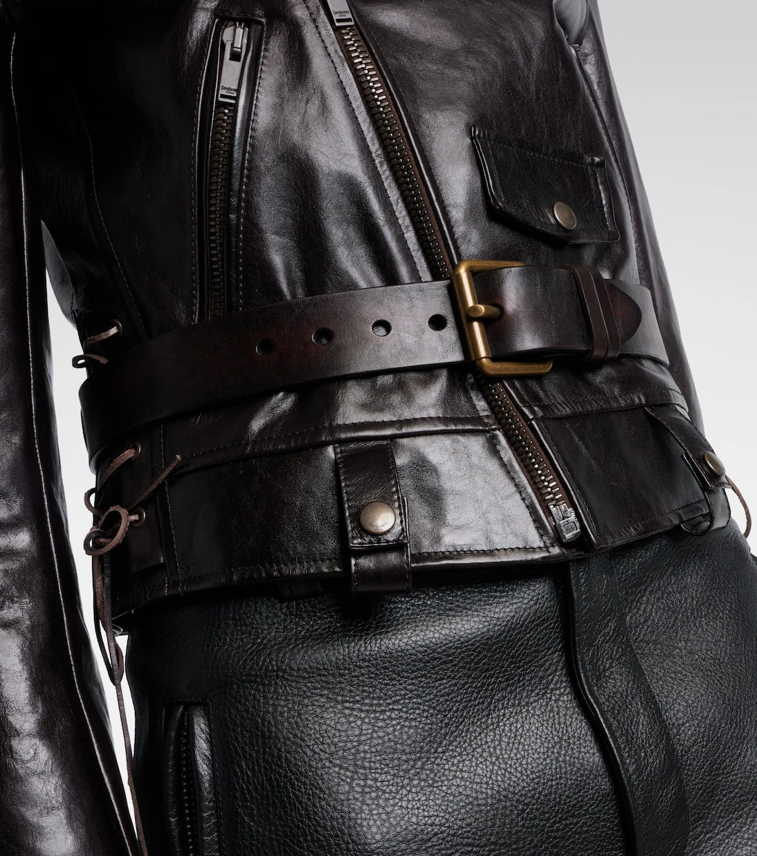 Saint Laurent - Kemerli deri motorcu ceketi