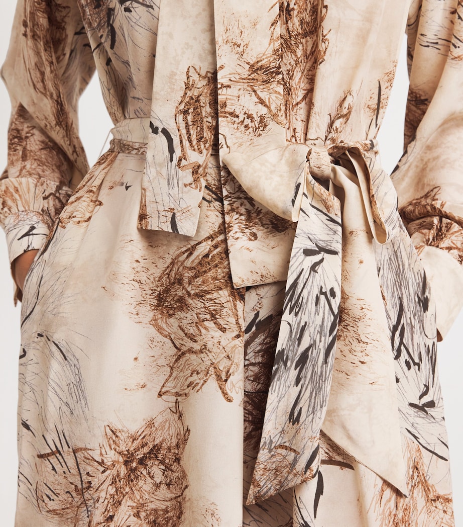 Eleventy Beige Silk Printed Pussybow Maxi Dress