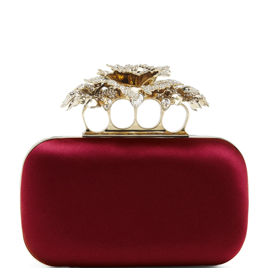 McQueen Burgundy Silk Carnation Knuckle Clutch Bag