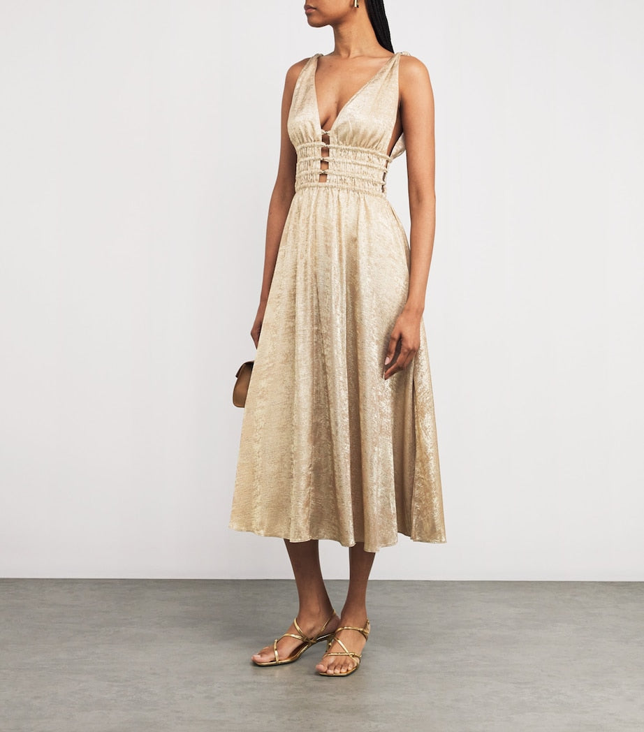 Gold Lamé Shirred Midi Dress