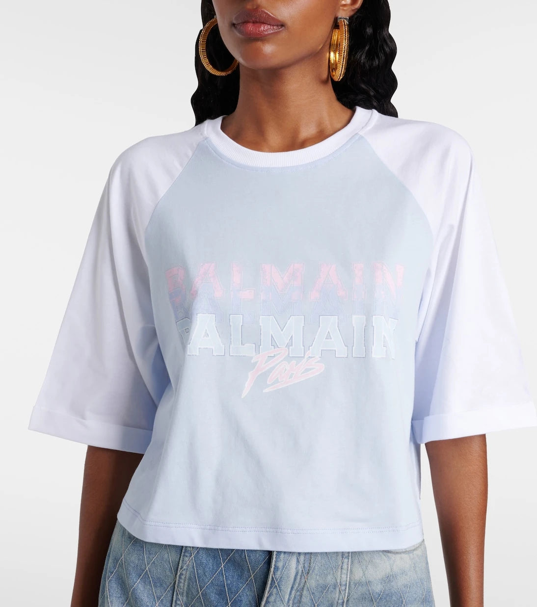 Balmain - تي شيرت قطن جيرسيه قصير بشعار الماركة