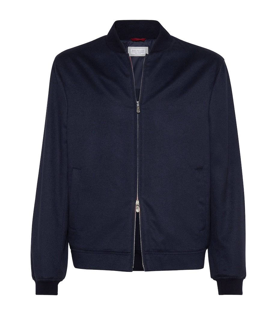 Brunello Cucinelli Blue Cashmere Flannel Bomber Jacket