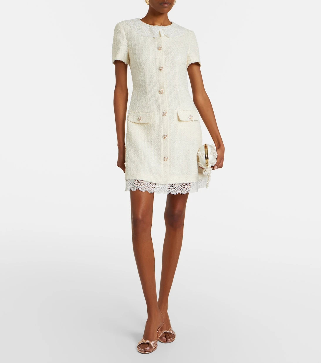 Self-Portrait - Lace-trimmed bouclé minidress