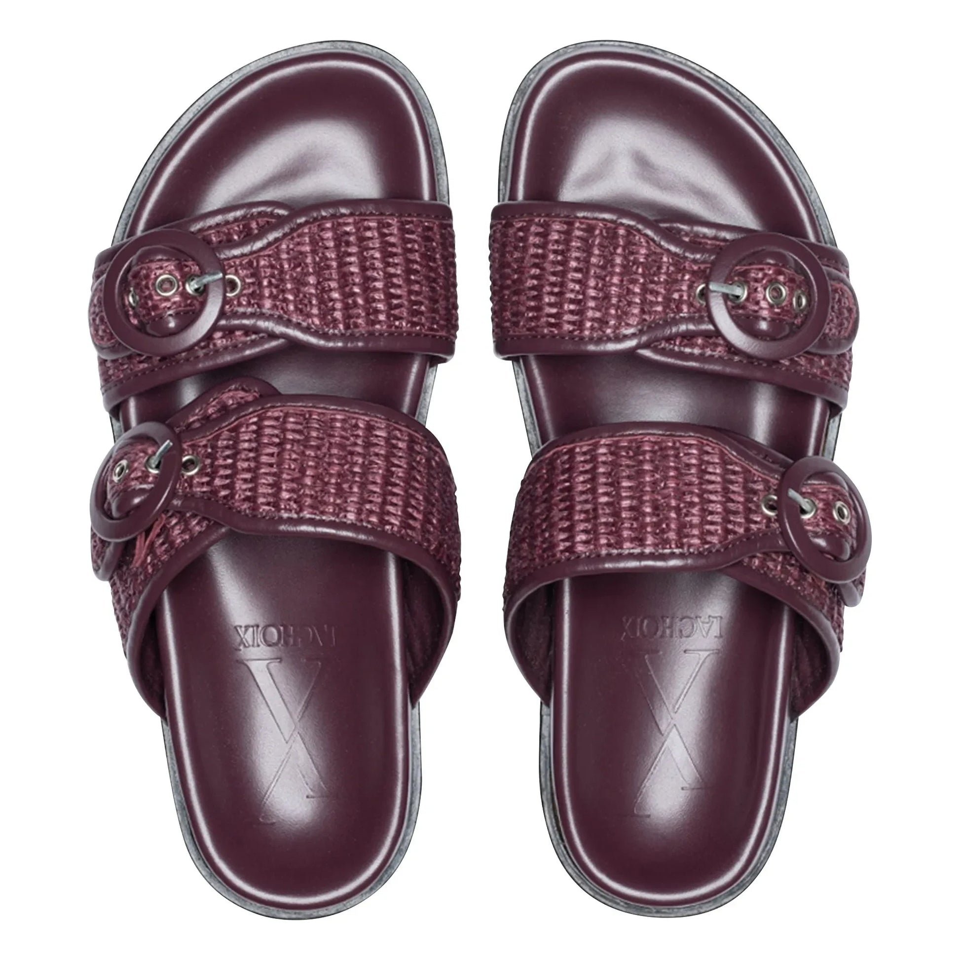 Lachoix - Double Buckle Leather and Raphia Sandals | Lie de vin