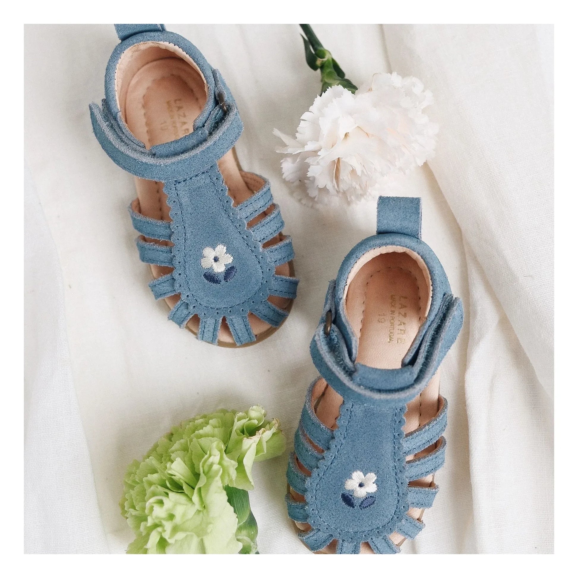 Lazare - Colette Fleur Suede Embroidered Sandals | Denim blue