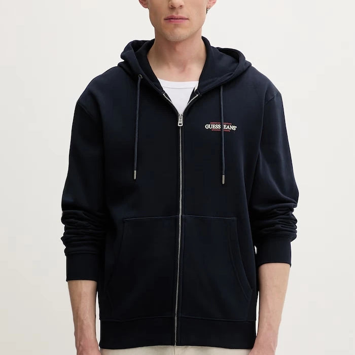 Guess Jeans pamuklu fermuarlı kapüşonlu erkek sweatshirt