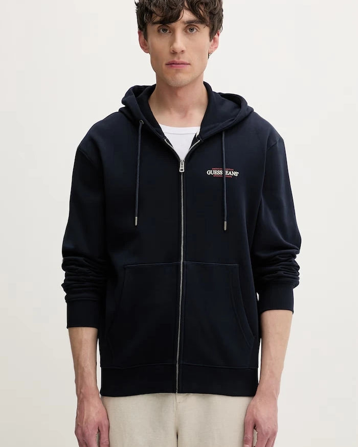 Guess Jeans pamuklu fermuarlı kapüşonlu erkek sweatshirt