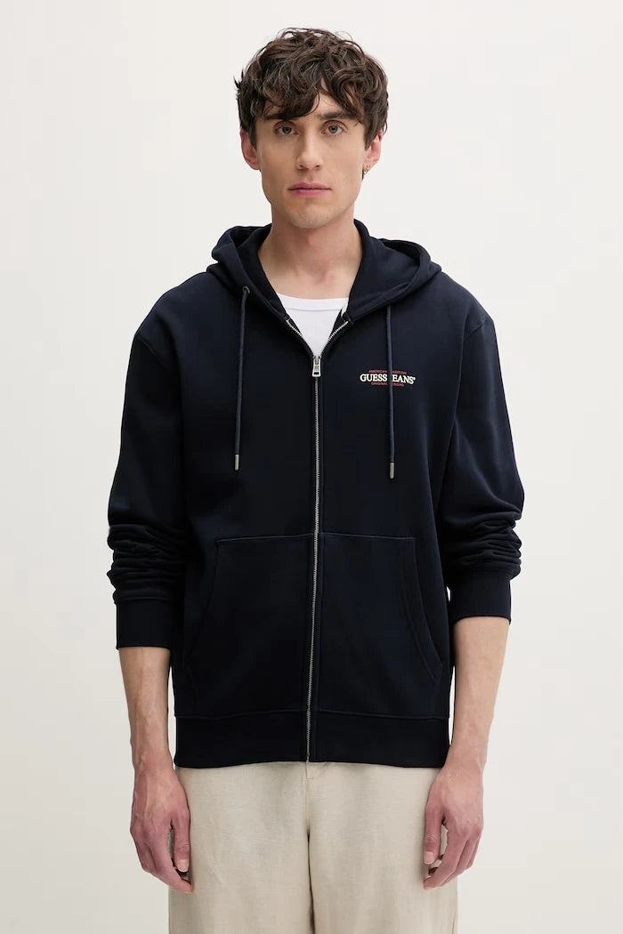 Guess Jeans pamuklu fermuarlı kapüşonlu erkek sweatshirt