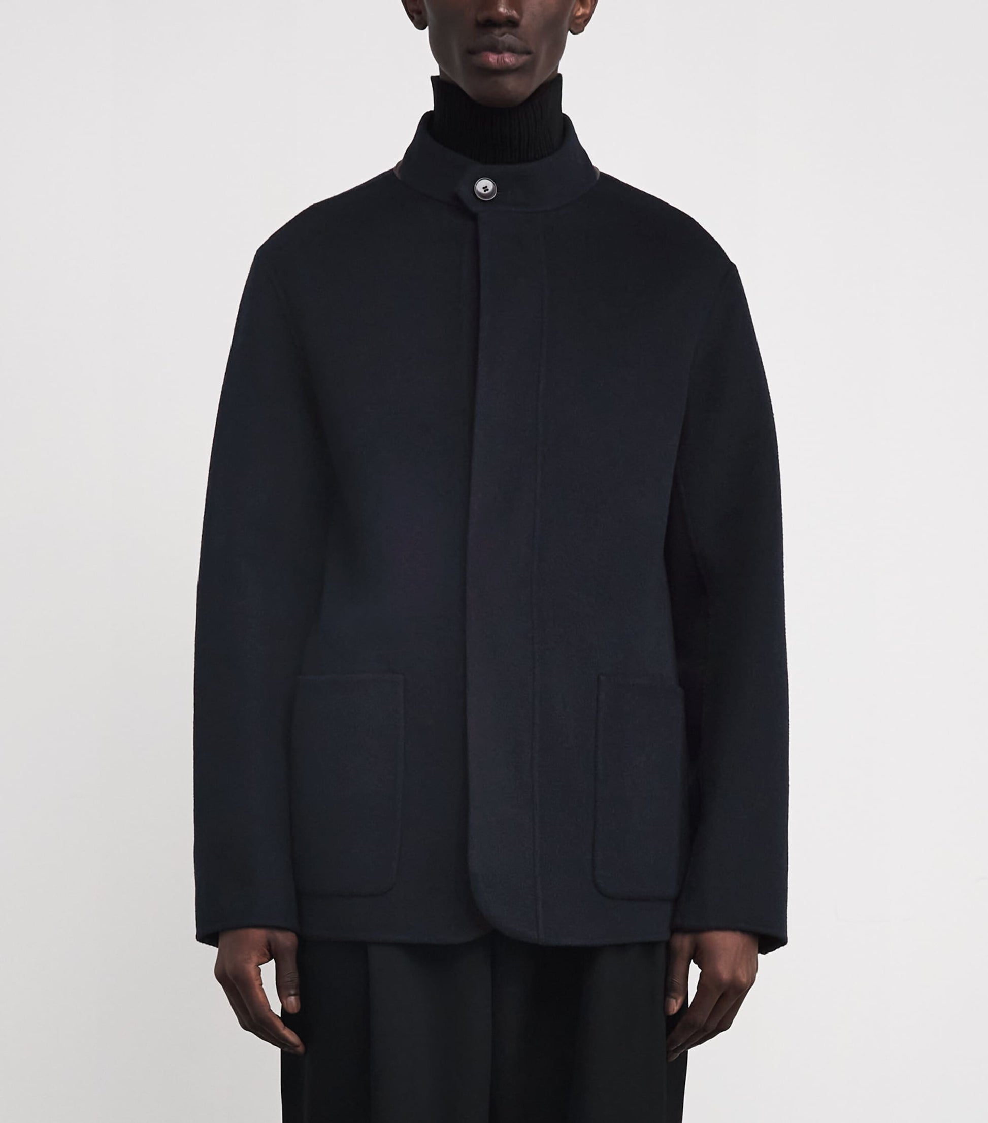 Navy Wool-Cashmere Stand-Collar Jacket