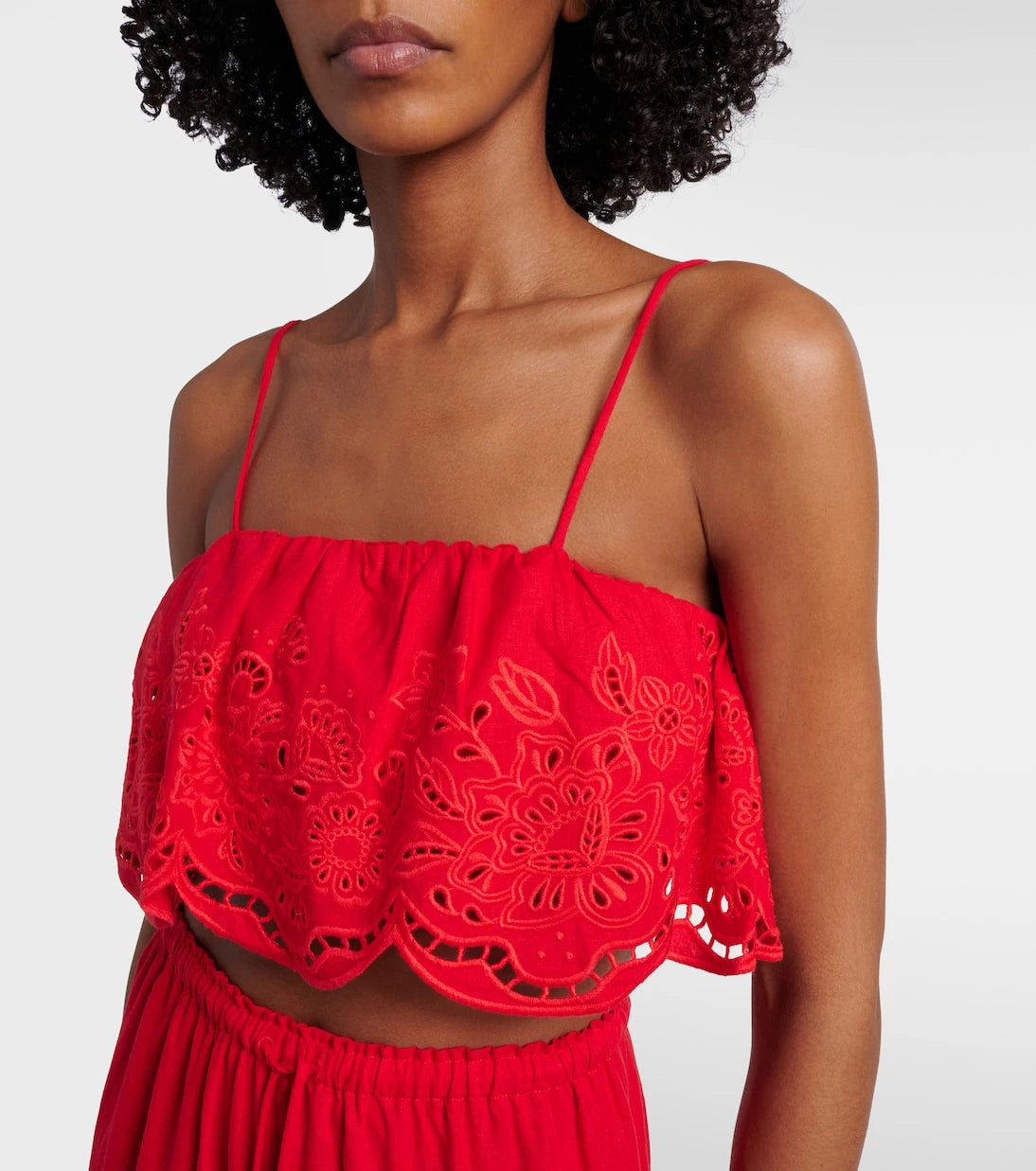 Farm Rio - Broderie anglaise linen-blend crop top