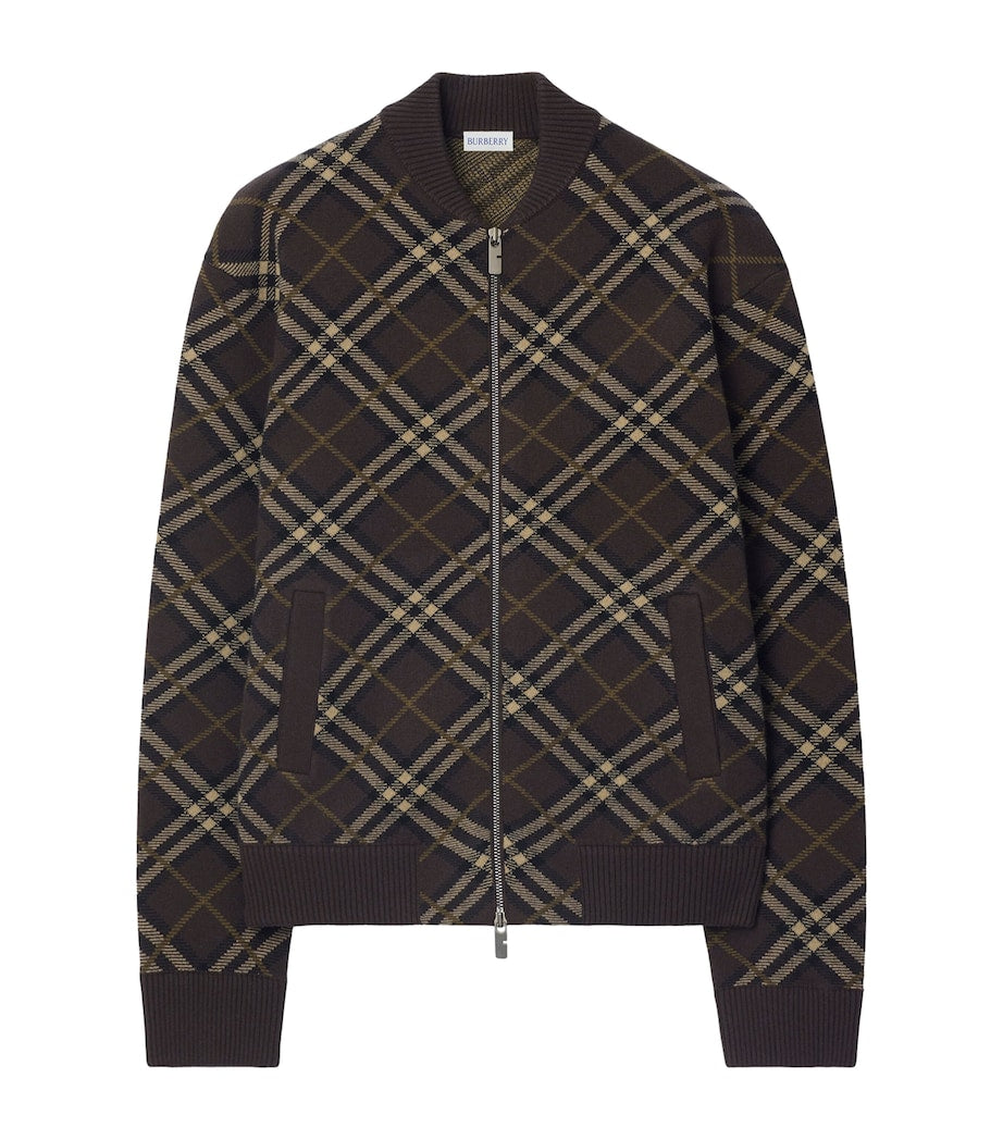 Brown Wool-Blend Check Bomber Jacket