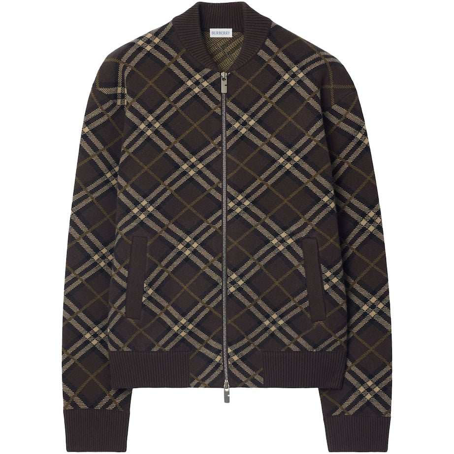 Brown Wool-Blend Check Bomber Jacket