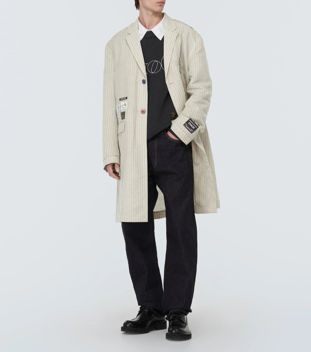 Undercover - Appliqué pinstripe wool and linen coat