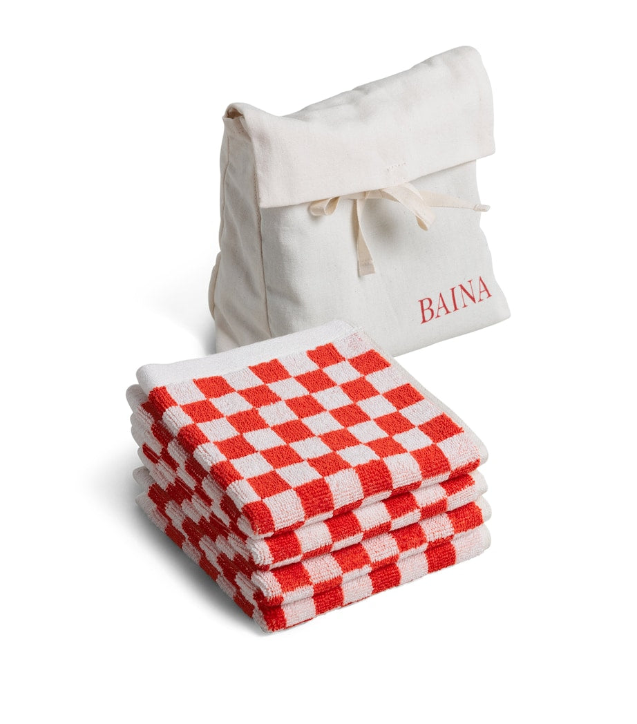 BAINA Set of 4 Organic Cotton Check Quill Facecloths (30cm x 30cm)