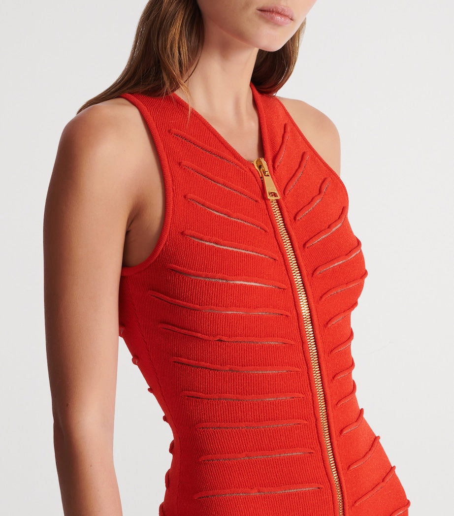 Red Knitted Distressed Midi Dress