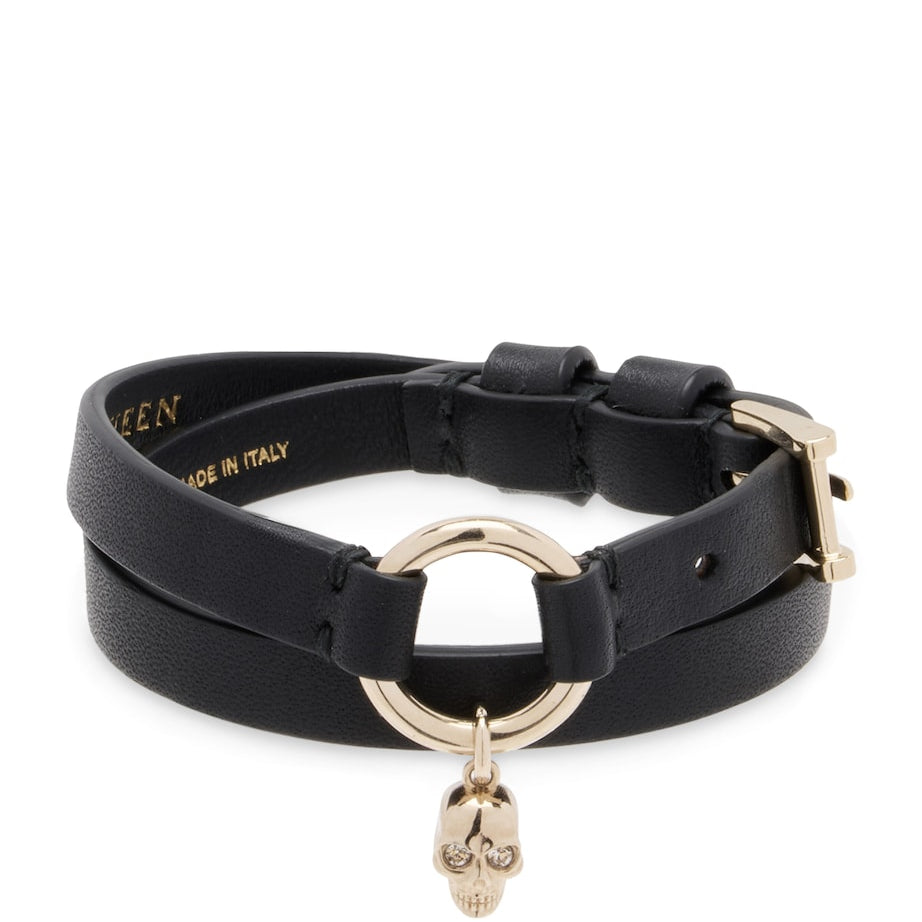 McQueen Leather Skull Ring Double Wrap Bracelet