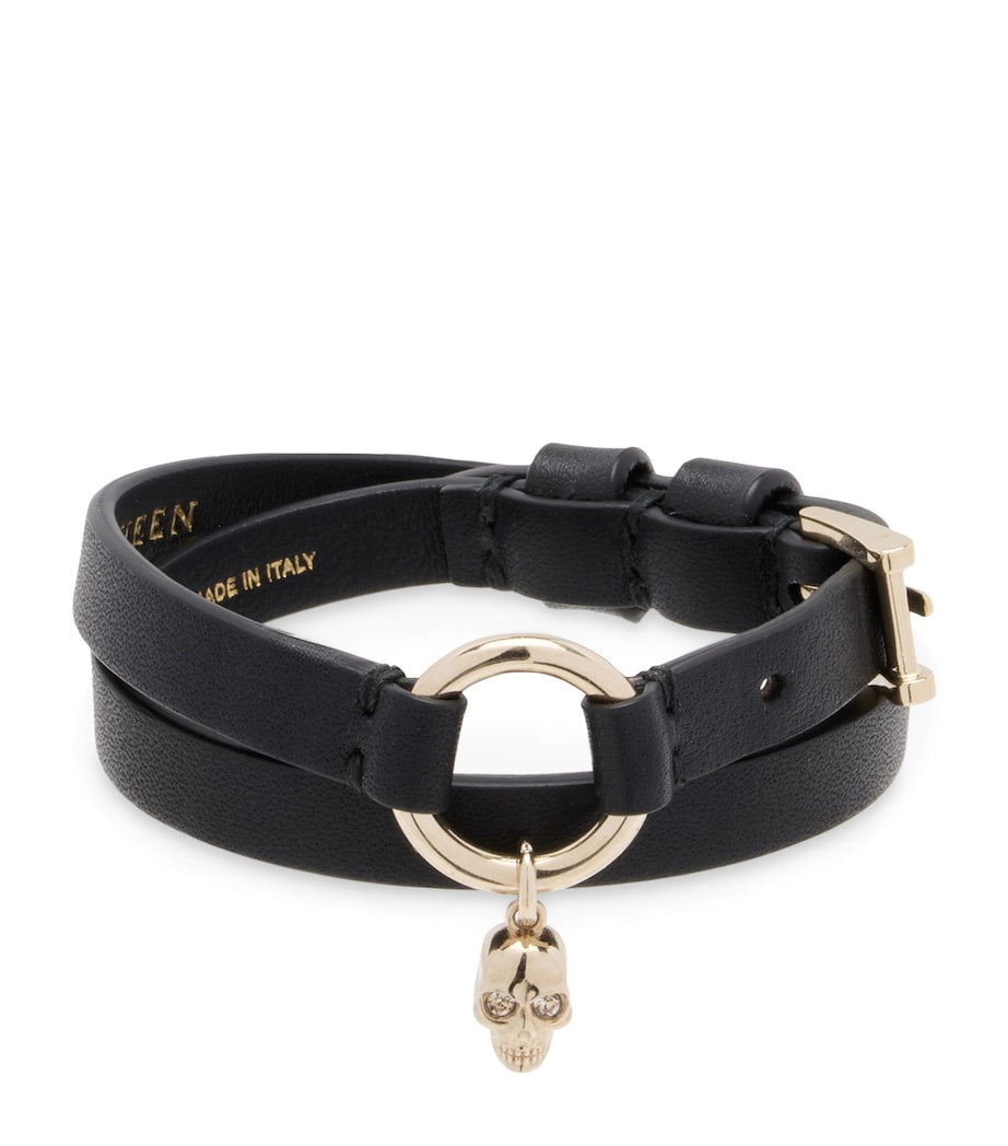 McQueen Leather Skull Ring Double Wrap Bracelet