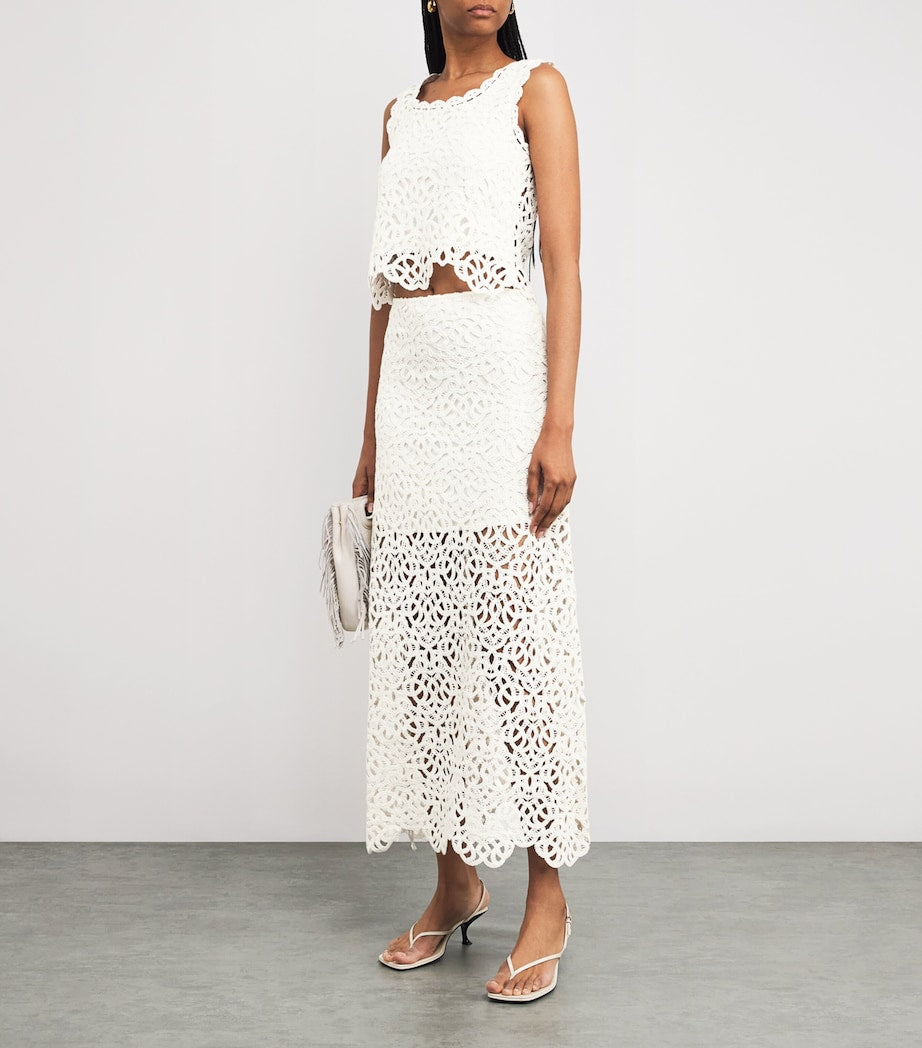 Maje White Cotton Crochet Maxi Skirt