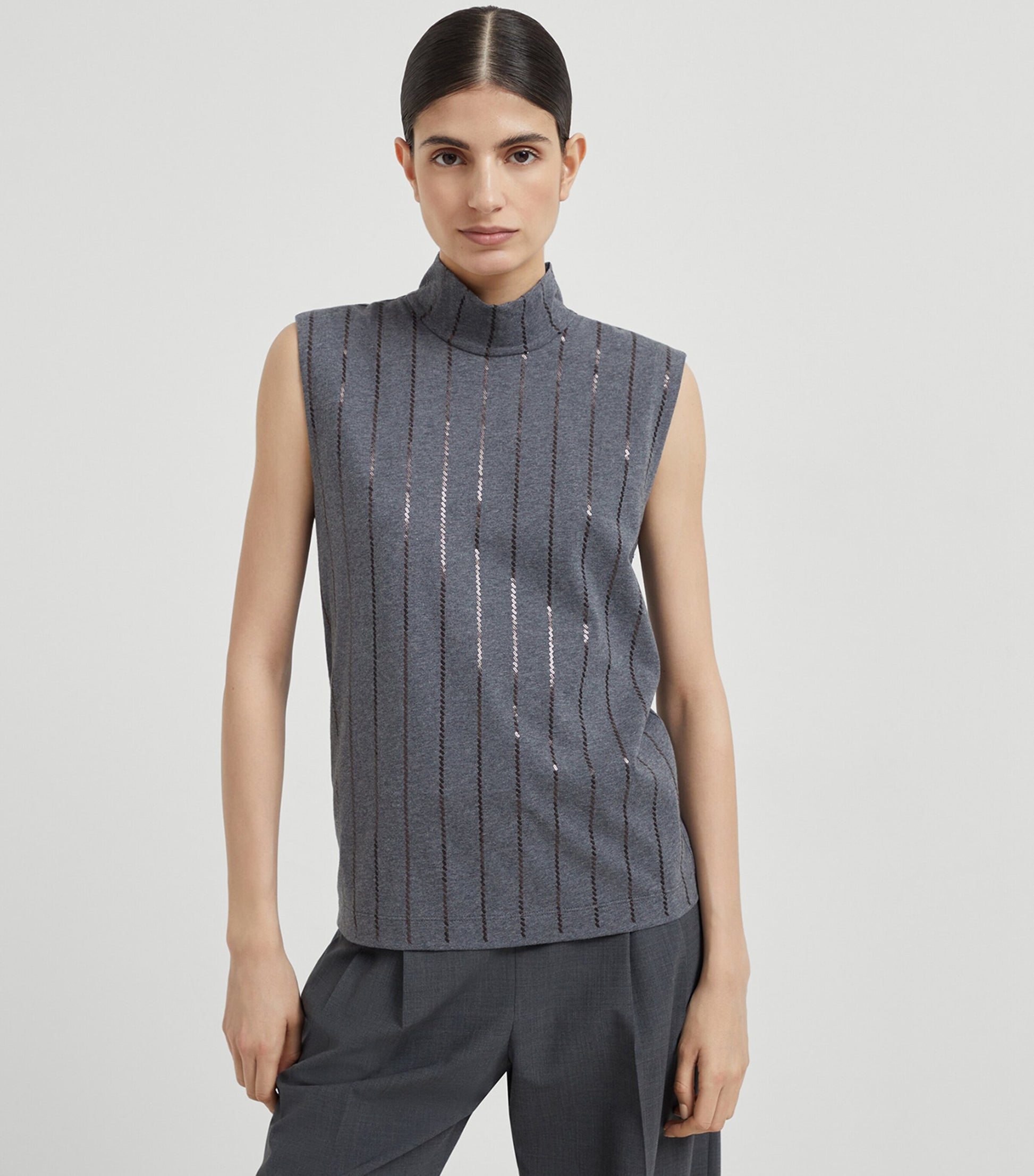 Brunello Cucinelli Grey Cotton Sequin-Stripe Sleeveless Top