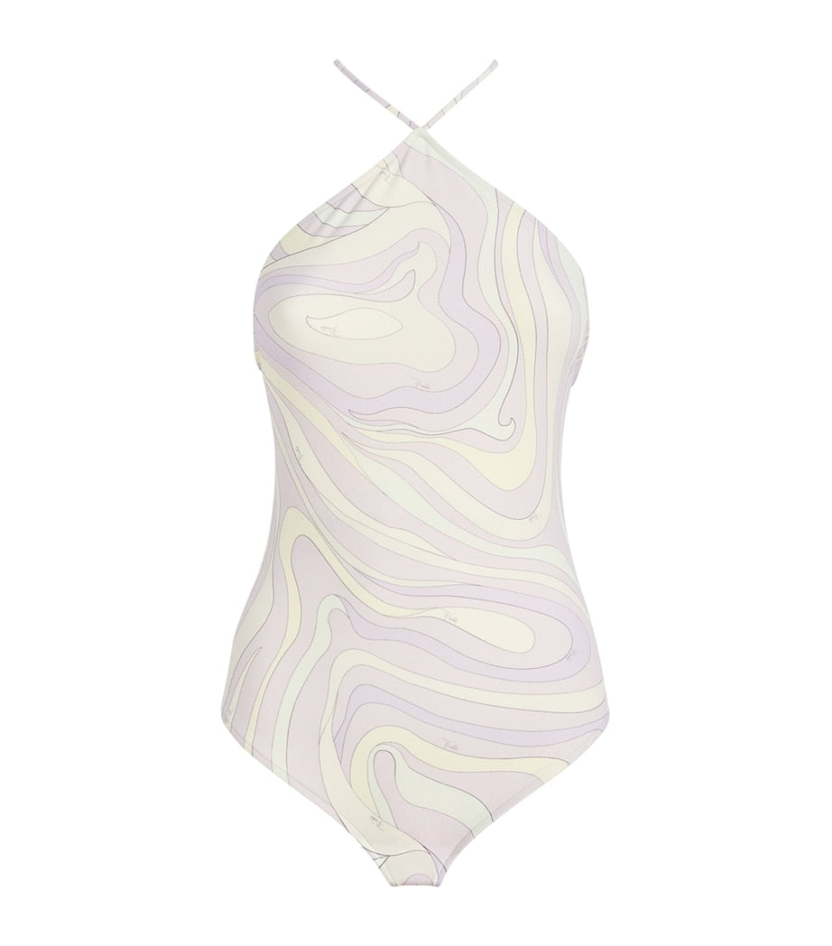 Purple Marmo Print Halterneck Swimsuit