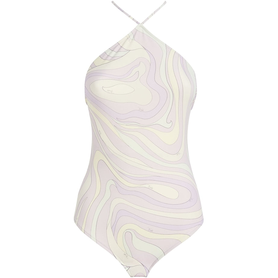 Purple Marmo Print Halterneck Swimsuit
