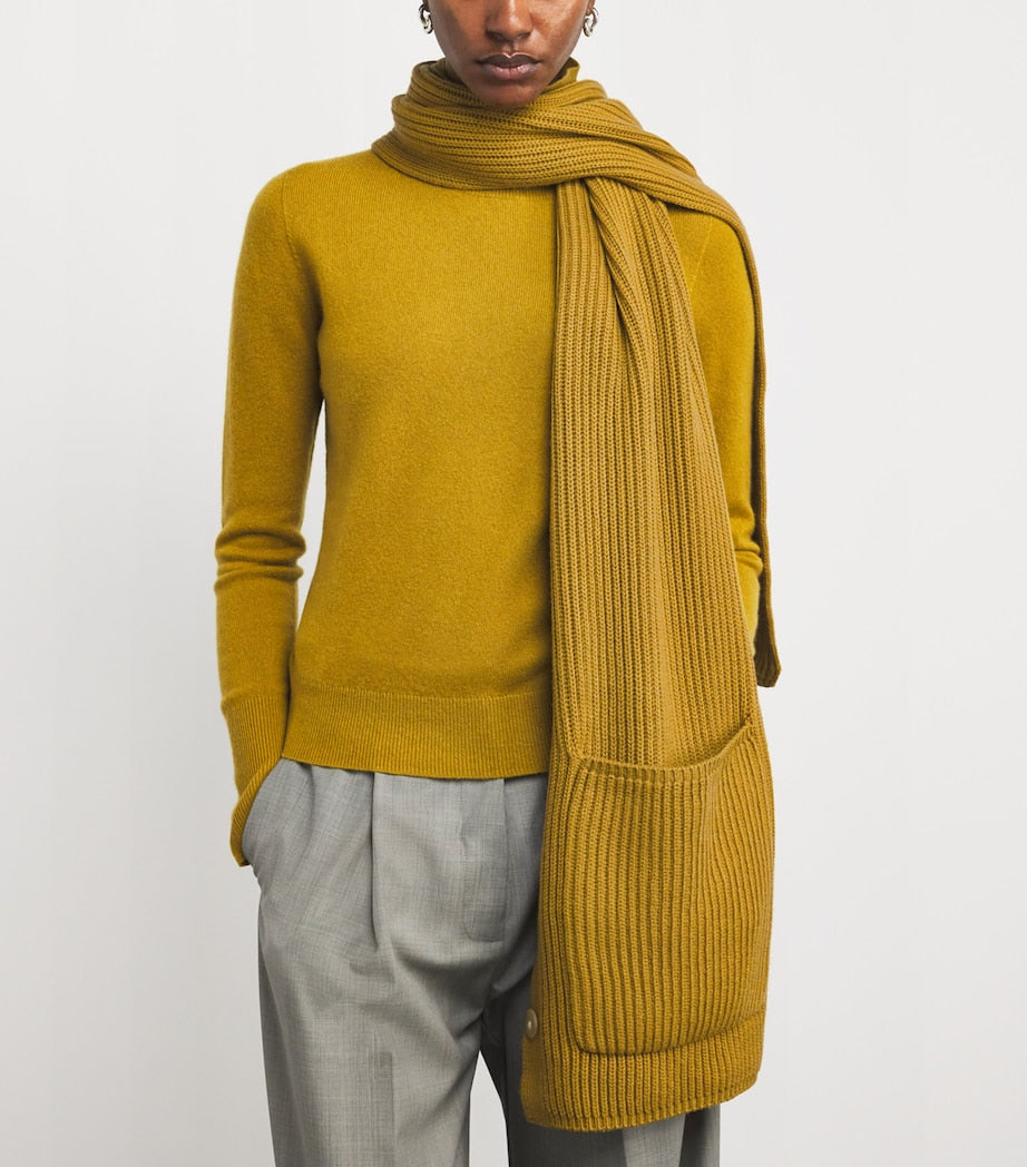 Joseph Brown Merino Wool-Cashmere-Silk Cardigan-Stitch Button Scarf