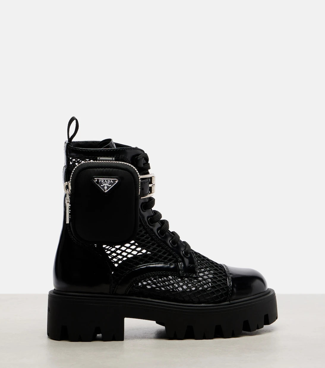 Prada - Leather-trimmed mesh combat boots