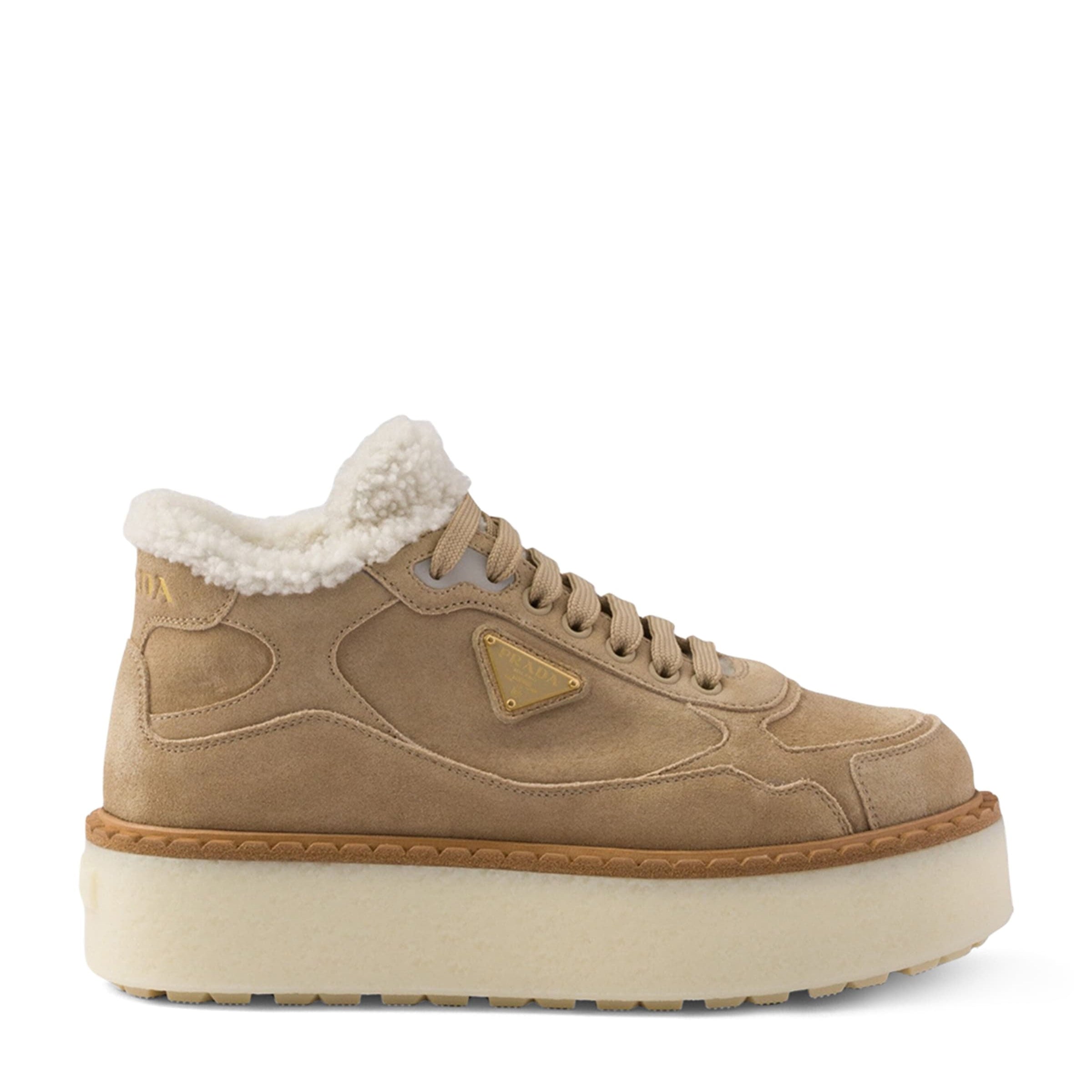 Prada Neutral Suede Shearling Platform Sneakers