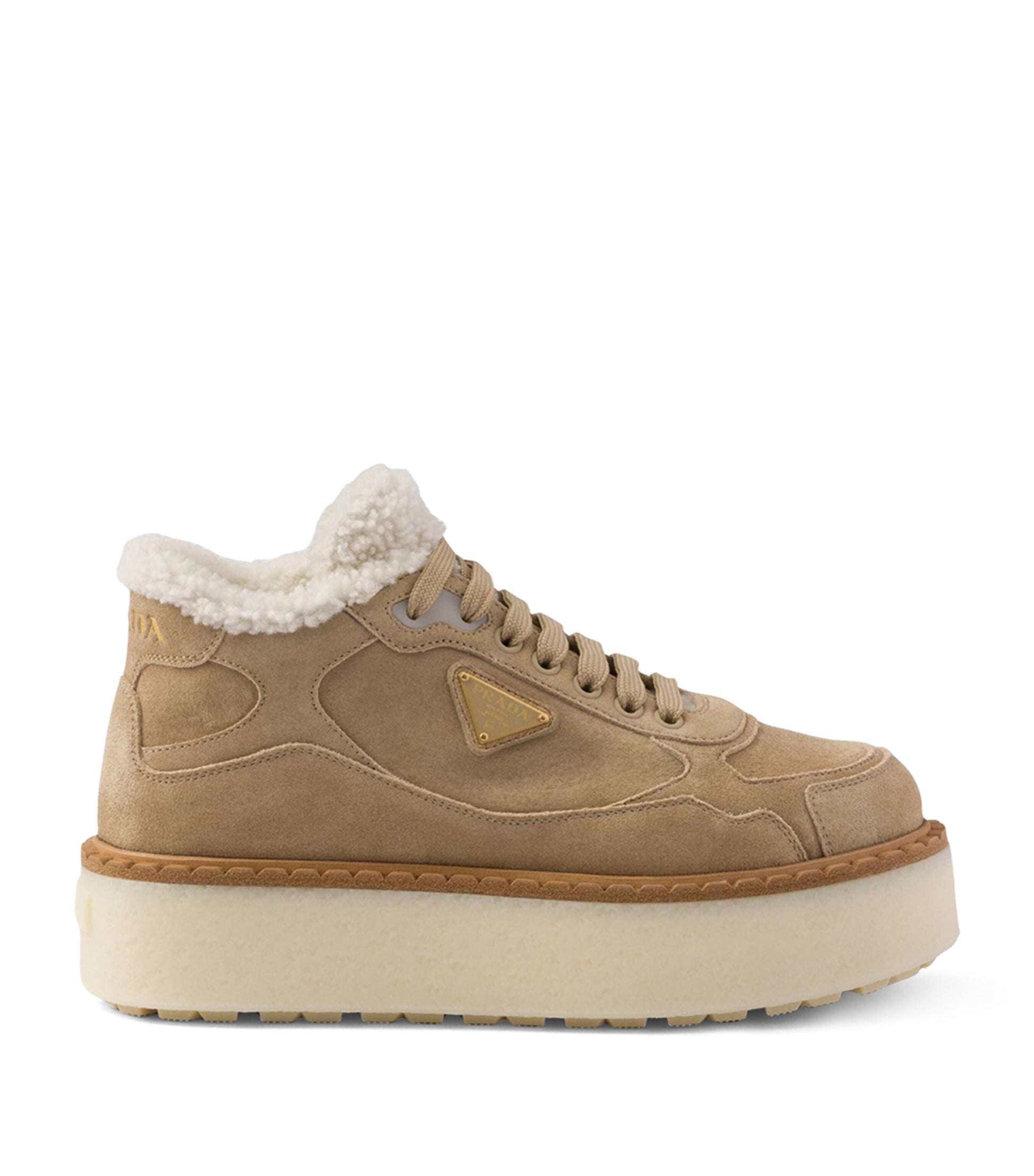 Prada Neutral Suede Shearling Platform Sneakers