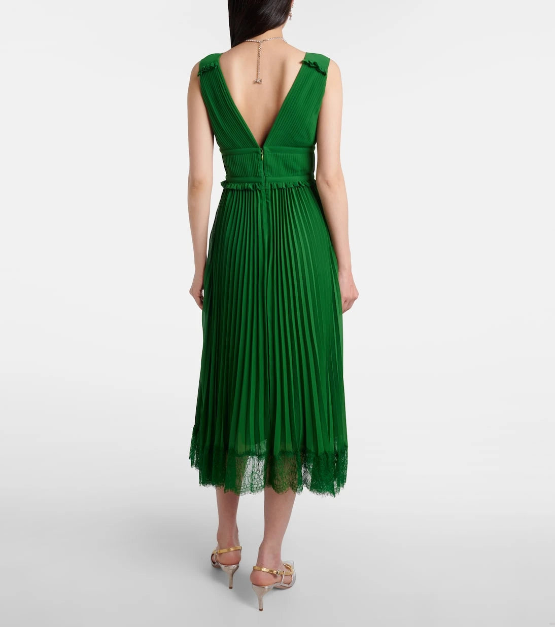 Self-Portrait - Lace-trimmed plissé chiffon midi dress
