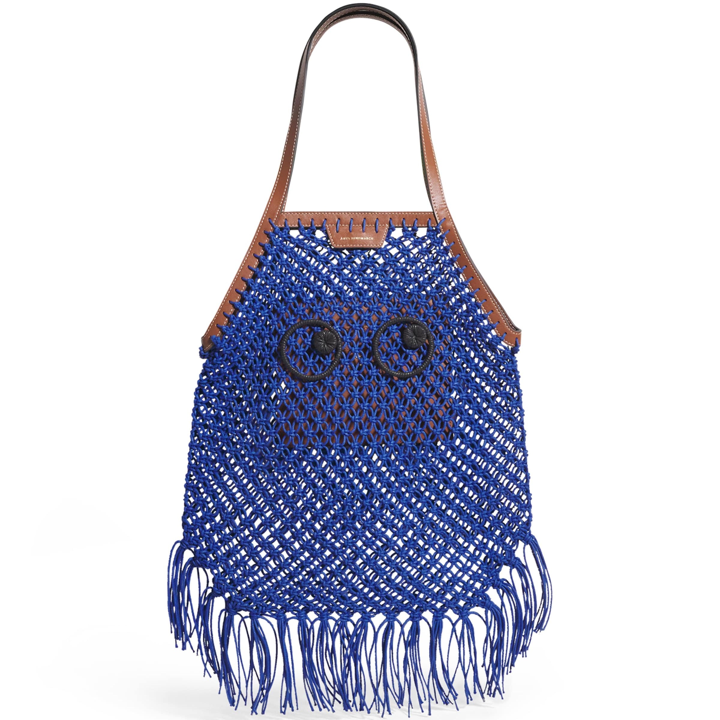 Blue Macrame Fringe Eyes Tote Bag