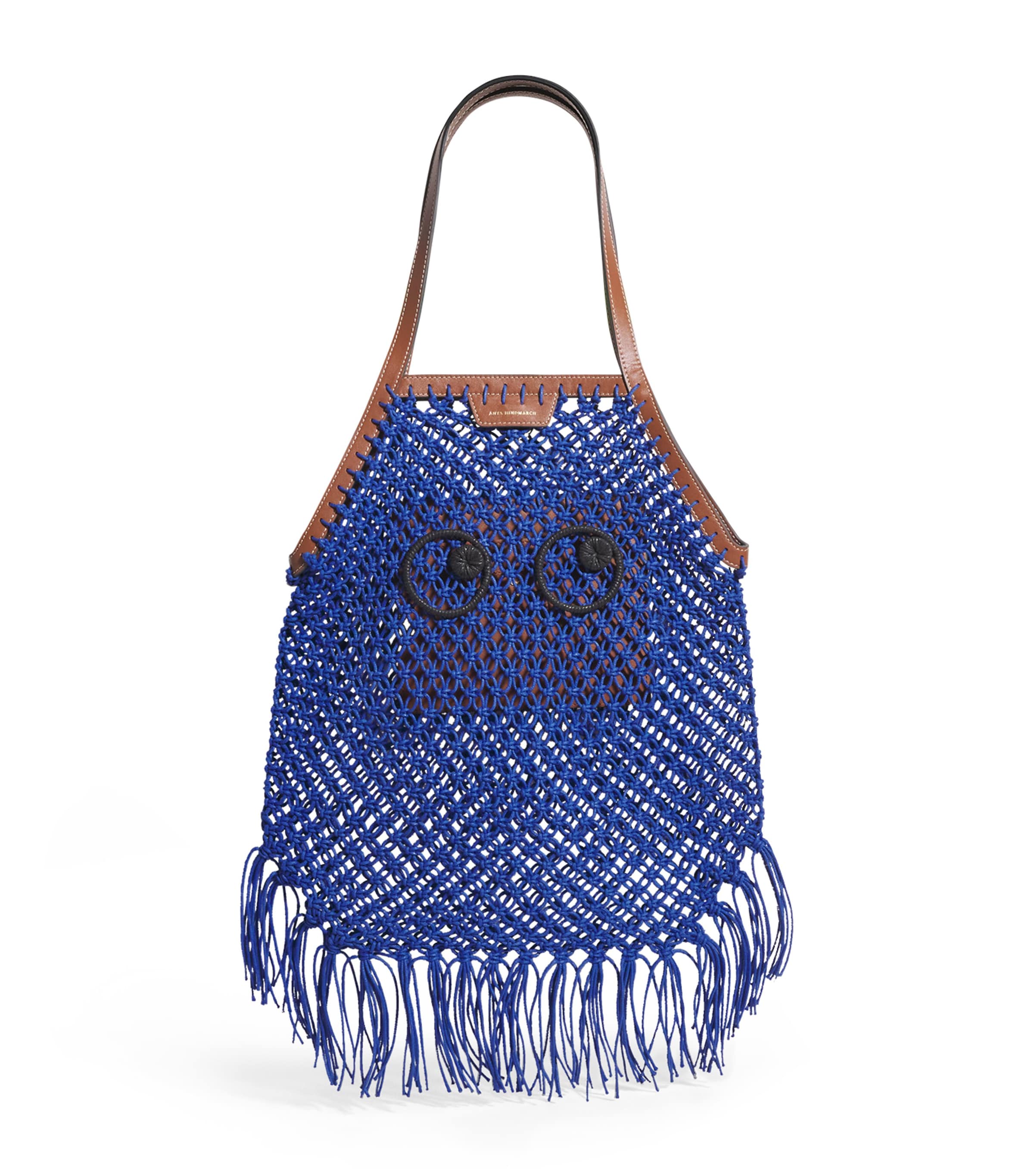Blue Macrame Fringe Eyes Tote Bag