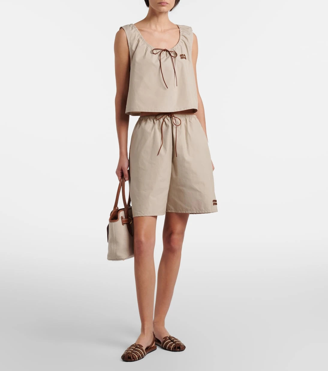 Miu Miu - Leather-trimmed cotton-blend crop top