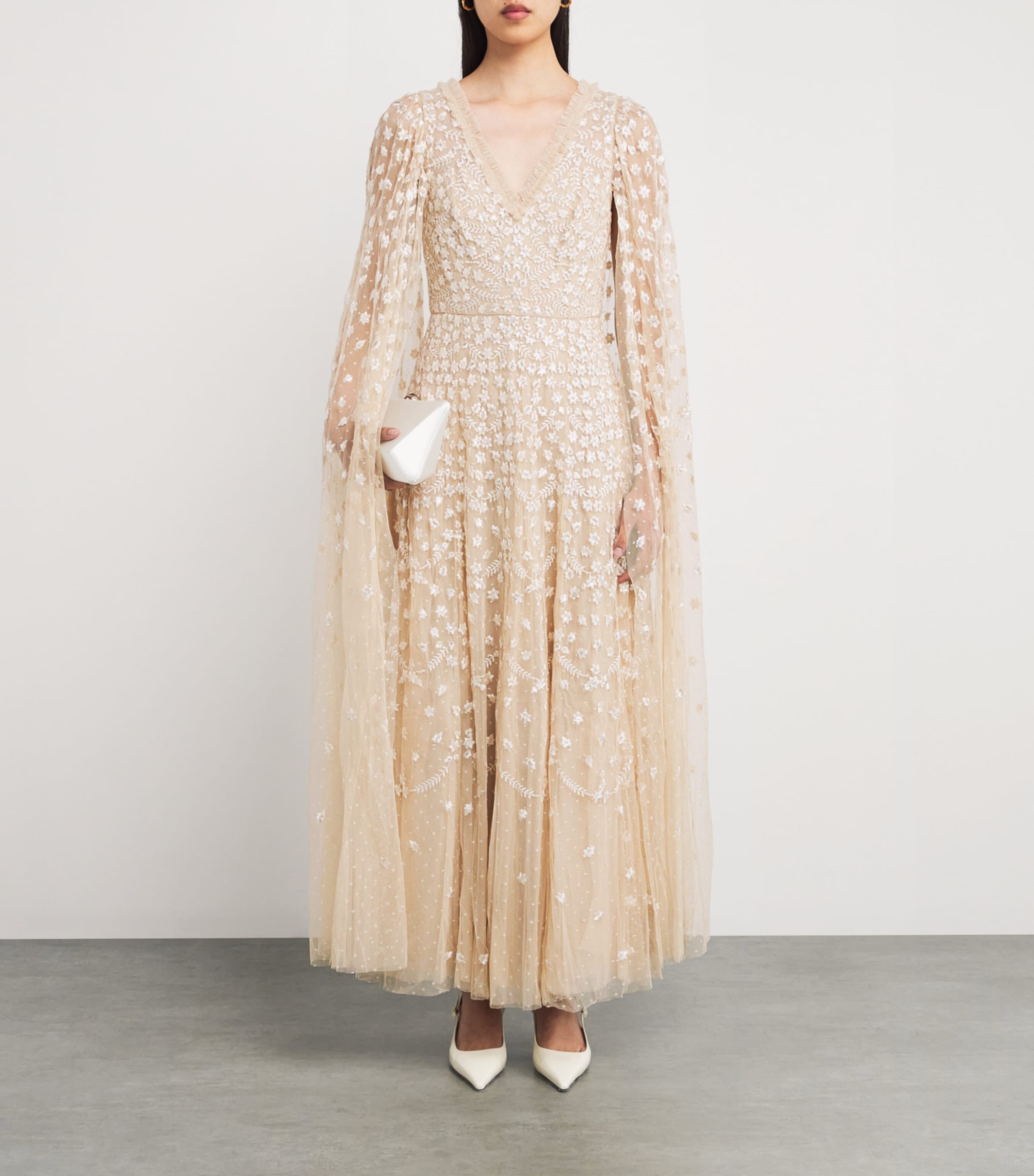 Beige Cape-Detail Clover Maxi Dress