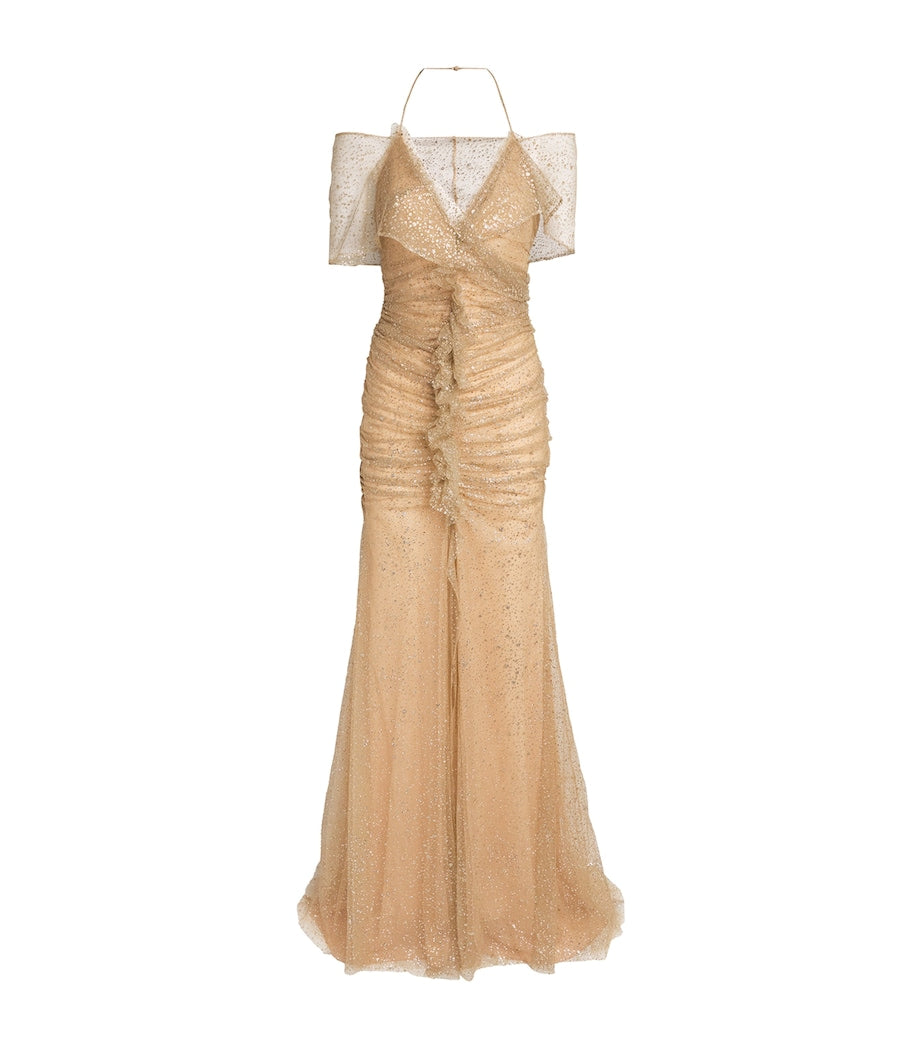 Sandra Mansour Gold Tulle Glitter Nuageux Gown