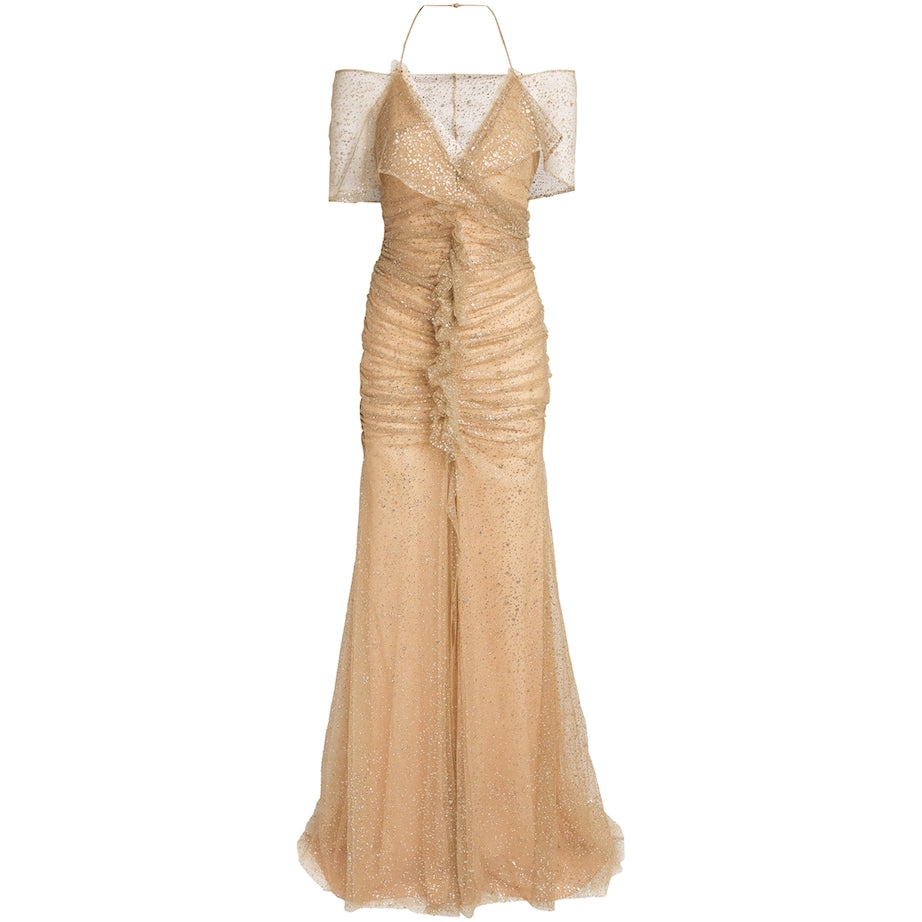 Sandra Mansour Gold Tulle Glitter Nuageux Gown
