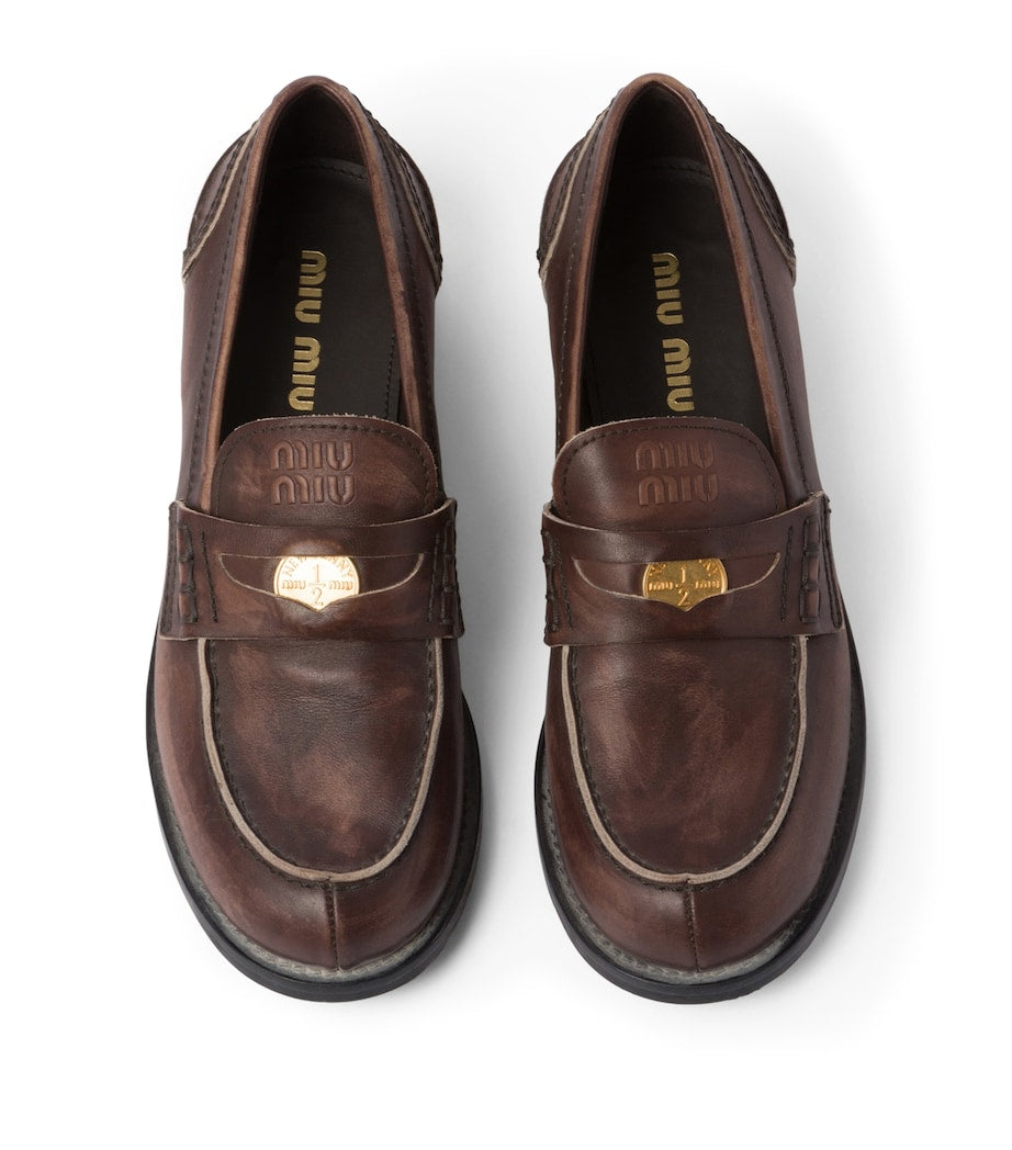 Miu Miu Brown Leather Vintage-Effect Loafers