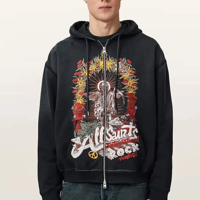 AllSaints ROQUE pamuklu erkek kapüşonlu sweatshirt