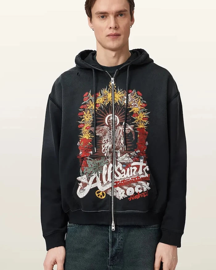 AllSaints ROQUE pamuklu erkek kapüşonlu sweatshirt