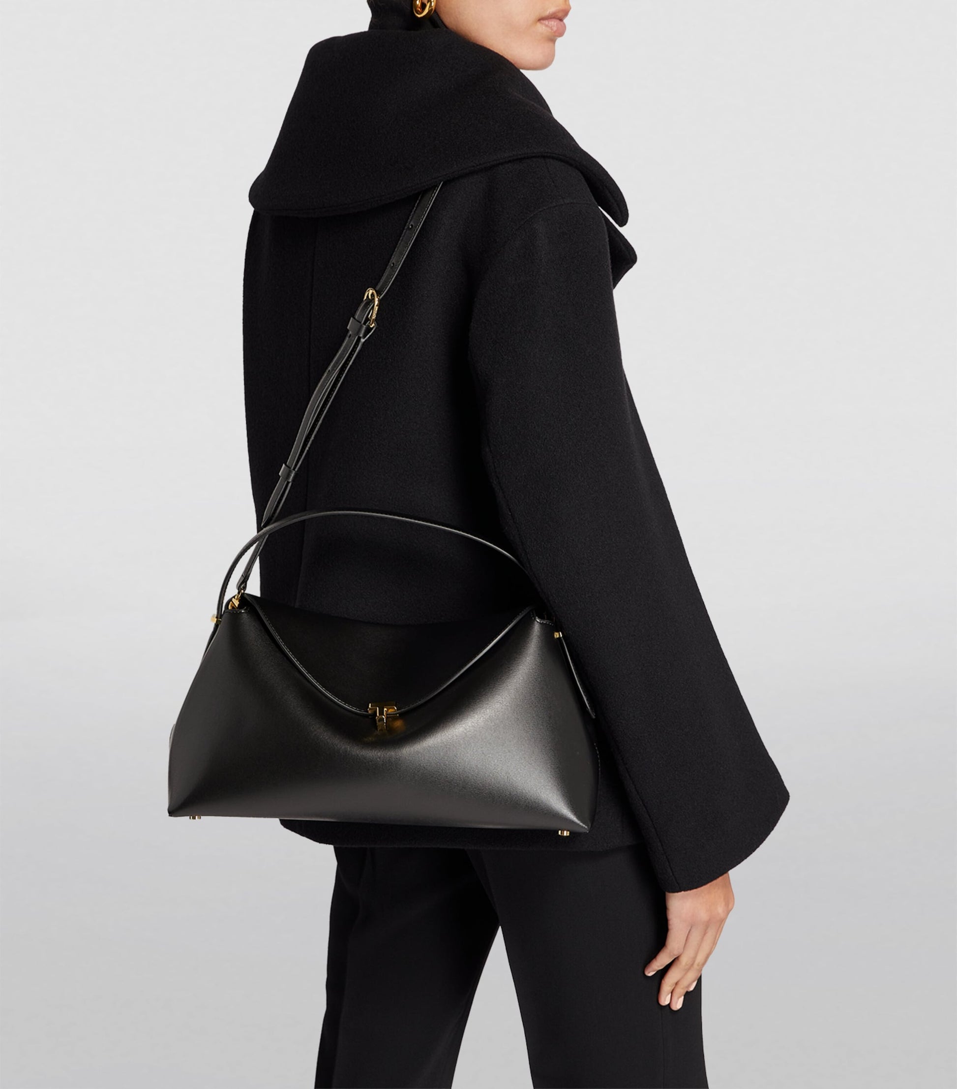 Black Leather T-Lock Top-Handle Bag