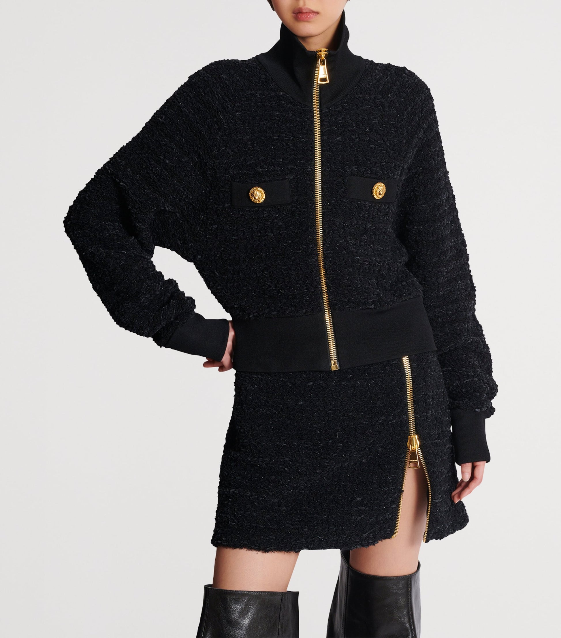 Balmain Black Tweed Bomber Jacket