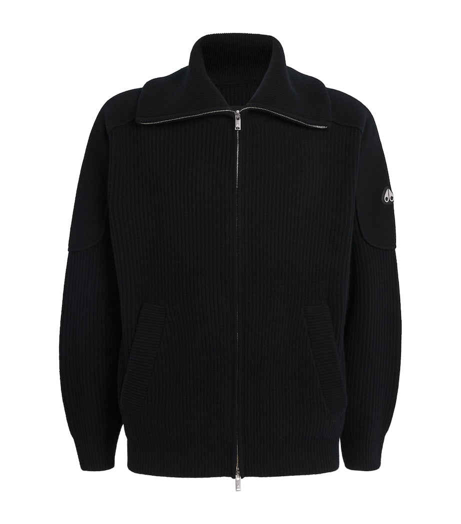 Moose Knuckles Black Wool Ribbed Zip-Up Cardigan