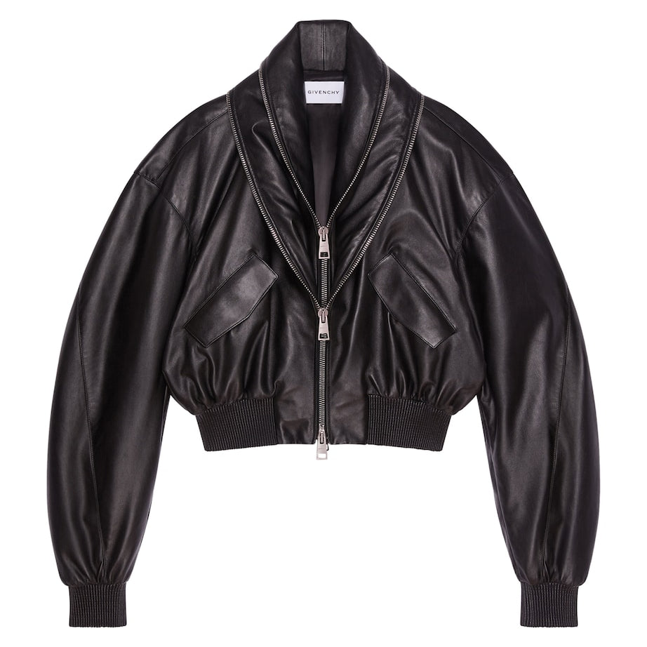 Givenchy Black Leather Shawl-Collar Bomber Jacket