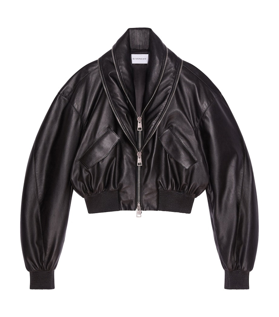 Givenchy Black Leather Shawl-Collar Bomber Jacket