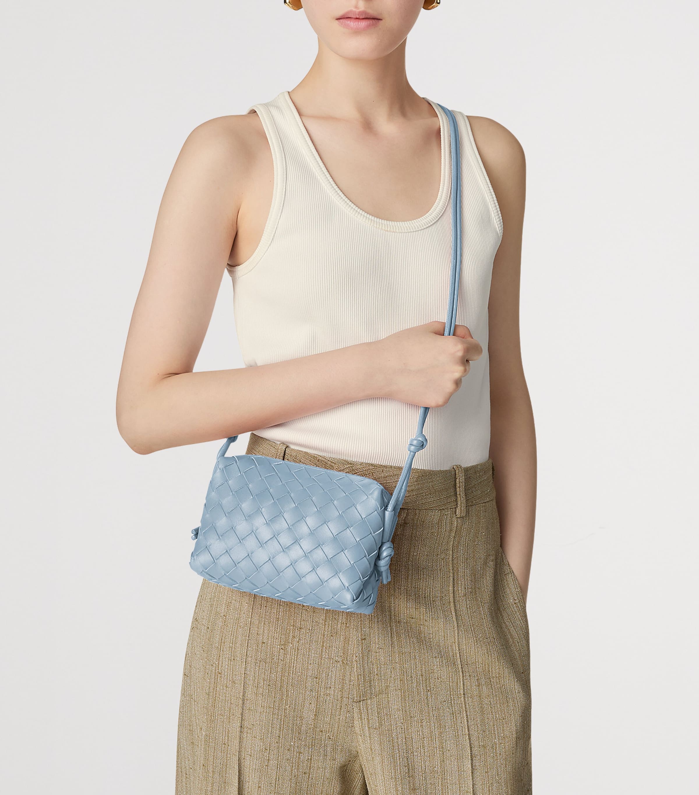 Bottega Veneta Grey Mini Leather Intrecciato Loop Cross-Body Bag